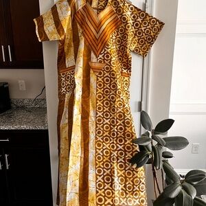 Casual Yellow and Brown A-Line Maxi Dress with V-Neck